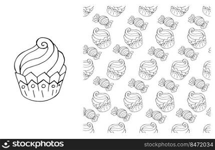 Set of element and seamless pattern. Ideal for children&rsquo;s clothing. Sweet Cupcake, muffin. Coloring. Coloring Cupcake. Set of element and seamless pattern