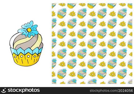 Set of element and seamless pattern. Ideal for children&rsquo;s clothing. Sweet pastries. Cupcake, muffin. Can be used for fabric and etc. Cupcake, muffin. Set of element and seamless pattern
