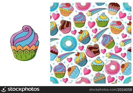 Set of element and seamless pattern. Ideal for children&rsquo;s clothing. Sweet pastries. Cupcake, muffin. Can be used for fabric, wrapping and etc. Cupcake, muffin. Set of element and seamless pattern