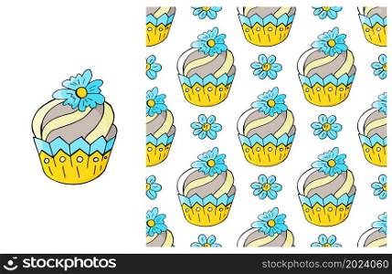 Set of element and seamless pattern. Ideal for children&rsquo;s clothing. Sweet pastries. Cupcake, muffin. Can be used for fabric. Cupcake, muffin. Set of element and seamless pattern
