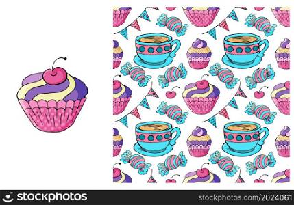 Set of element and seamless pattern. Ideal for children&rsquo;s clothing. Sweet pastries. Cupcake, muffin. Cupcake, muffin. Set of element and seamless pattern