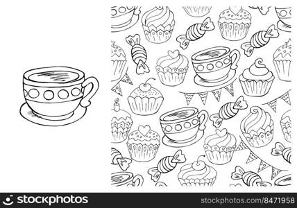 Set of element and seamless pattern. Ideal for children’s clothing. Coloring. Sweet pastries. Coloring Cupcake. Set of element and seamless pattern