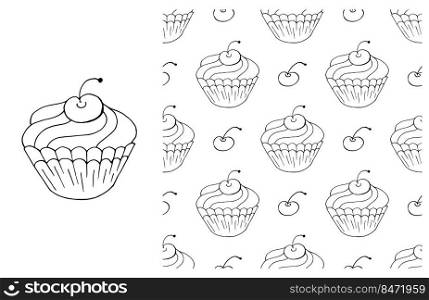Set of element and seamless pattern. Ideal for children’s clothing. Coloring. Sweet pastries. Can be used for fabric. Coloring Cupcake. Set of element and seamless pattern