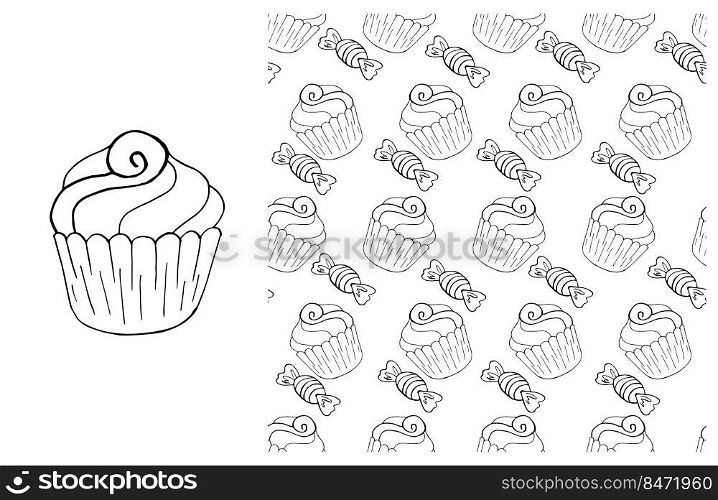 Set of element and seamless pattern. Ideal for children’s clothing. Coloring. Sweet pastries. Can be used for fabric, packaging, wrapping paper and etc. Coloring Cupcake. Set of element and seamless pattern