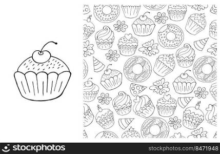 Set of element and seamless pattern. Ideal for children’s clothing. Cupcake. Coloring. Can be used for fabric and etc. Coloring Cupcake. Set of element and seamless pattern