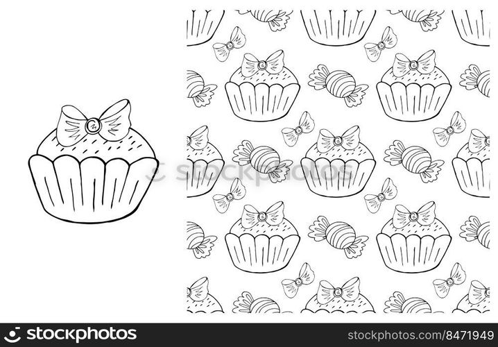 Set of element and seamless pattern. Ideal for children’s clothing. Cupcake, muffin. Coloring. Coloring Cupcake. Set of element and seamless pattern