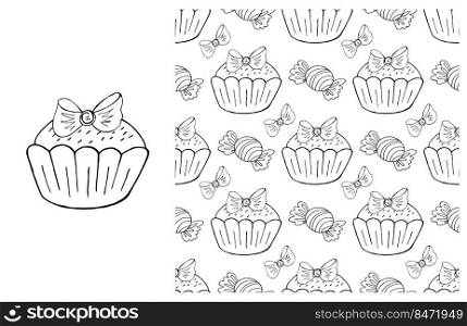 Set of element and seamless pattern. Ideal for children’s clothing. Cupcake, muffin. Coloring. Coloring Cupcake. Set of element and seamless pattern
