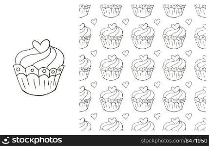 Set of element and seamless pattern. Ideal for children’s clothing. Cupcake, muffin. Coloring. Can be used for wrapping paper and etc. Coloring Cupcake. Set of element and seamless pattern