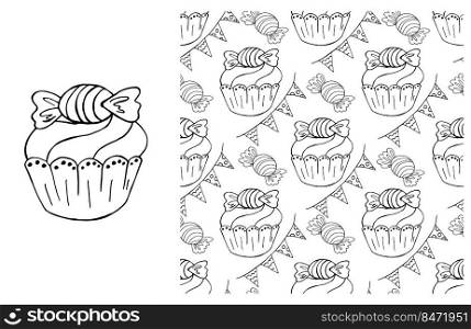 Set of element and seamless pattern. Ideal for children’s clothing. Cupcake, muffin. Coloring. Can be used for fabric. Coloring Cupcake. Set of element and seamless pattern