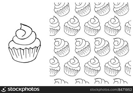 Set of element and seamless pattern. Ideal for children’s clothing. Cupcake, muffin. Coloring. Can be used for fabric, wrapping. Coloring Cupcake. Set of element and seamless pattern