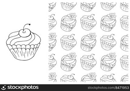 Set of element and seamless pattern. Ideal for children’s clothing. Cupcake, muffin. Coloring. Can be used for fabric, wrapping paper and etc. Coloring Cupcake. Set of element and seamless pattern