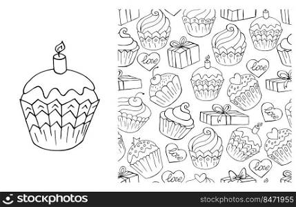 Set of element and seamless pattern. Ideal for children’s clothing. Cupcake, muffin. Coloring. Can be used for fabric, paper and etc. Coloring Cupcake. Set of element and seamless pattern