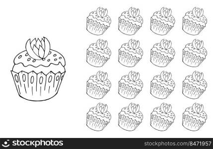 Set of element and seamless pattern. Ideal for children’s clothing. Cupcake, muffin. Coloring. Can be used for fabric and etc. Coloring Cupcake. Set of element and seamless pattern