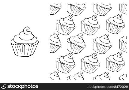 Set of element and seamless pattern. Ideal for children’s clothing. Sweet pastries. Coloring. Coloring Cupcake. Set of element and seamless pattern