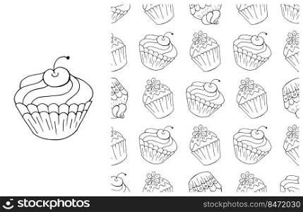 Set of element and seamless pattern. Ideal for children’s clothing. Sweet pastries. Coloring. Can be used for fabric, wrapping paper and etc. Coloring Cupcake. Set of element and seamless pattern