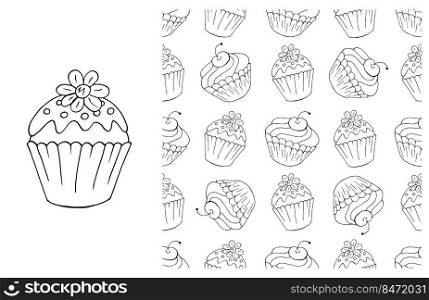 Set of element and seamless pattern. Ideal for children’s clothing. Sweet pastries. Coloring. Can be used for fabric, packaging, wrapping. Coloring Cupcake. Set of element and seamless pattern