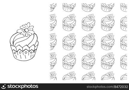 Set of element and seamless pattern. Ideal for children’s clothing. Sweet pastries. Coloring. Can be used for fabric, packaging, wrapping paper and etc. Coloring Cupcake. Set of element and seamless pattern
