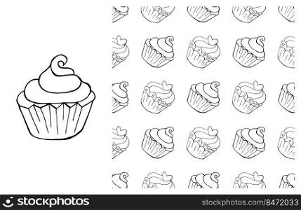 Set of element and seamless pattern. Ideal for children’s clothing. Sweet pastries. Coloring muffin. Can be used for fabric and etc. Coloring Cupcake. Set of element and seamless pattern