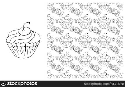 Set of element and seamless pattern. Ideal for children’s clothing. Sweet pastries. Cupcake, muffin. Coloring. Coloring Cupcake. Set of element and seamless pattern