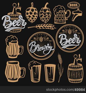 Set of elements for beer labels design. Beer mugs, hop, wheat. Vector illustration.