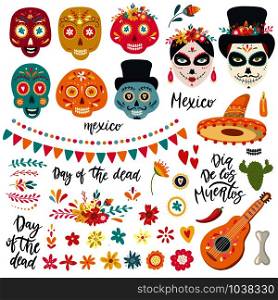 Set of elements for Day of the Dead, Dia de los Muertos for holiday poster, party flyer, funny greeting card. Vector illustration. Set of elements for Day of the Dead, Dia de los Muertos