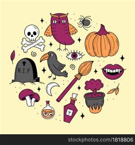 Set of elements for Halloween. Mystical scary objects. Cats, pumpkins, ghosts, potion. Doodle style illustration