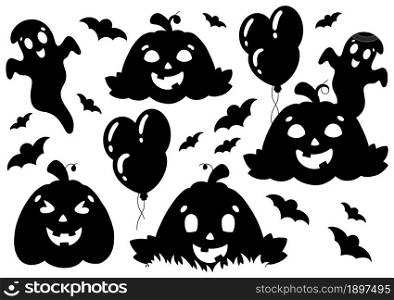 Set of elements for Halloween pumpkins, ghosts, bats. Black silhouette. Design element. Vector illustration isolated on white background. Halloween theme.