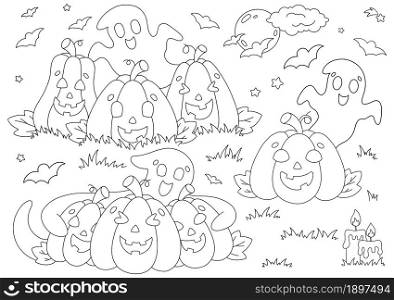 Set of elements for Halloween pumpkins, ghosts, bats. Coloring book page for kids. Cartoon style character. Vector illustration isolated on white background.