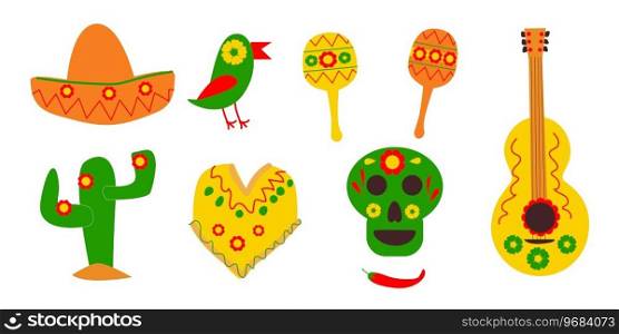 set of elements for mexican day of the dead . Vector illustration with sombrero, cactus, guitar, ponco, maracas. . set of elements for mexican day of the dead 