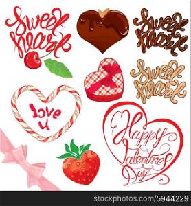 Set of elements for Valentines day design. Calligraphic text Sweet Heart, Happy Valentines day, chocolate heart, strawberry, gift box.