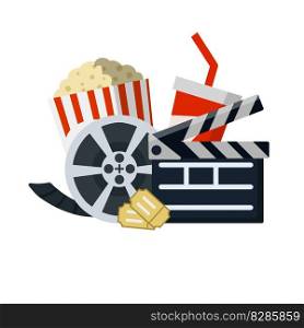 Set of elements for viewing the movie. Reel with film, popcorn, red soda glass, clapper. Entertainment concept. Cartoon flat illustration isolated on white. Set of elements for viewing the movie