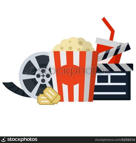 Set of elements for viewing the movie. Reel with film, popcorn, red soda glass, clapper. Entertainment concept. Cartoon flat illustration isolated on white. Reel with film, popcorn, red soda glass
