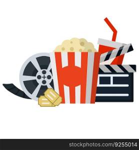 Set of elements for viewing the movie. Reel with film, popcorn, red soda glass, clapper. Entertainment concept. Cartoon flat illustration isolated on white. Reel with film, popcorn, red soda glass