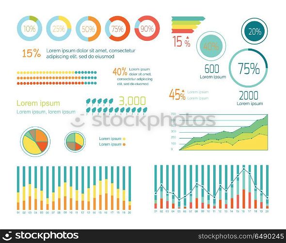 Set of Elements for Wind Infographics. Vector. Set of elements for wind infographics. Graphs and Charts show weather changing. Weather forecast concept. Strength of wind, tornado, hurricane. For website and mobile app designs. Vector illustration