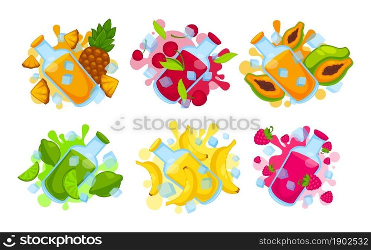 Set of elements fresh fruit juices in bottles. Ripe delicious fruits, vector illustration. Raw materials for the production of juice and detox, cartoon. Ingredients for a fresh vitamin drink.. Set of elements fresh fruit juices in bottles.