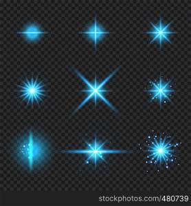 Set of elements glowing blue light burst rays,, stars bursts with sparkles isolated on transparent background. Vector illustration