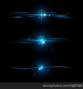Set of elements glowing blue light effects collection isolated on black background. Optical flare objects. Vector illustration