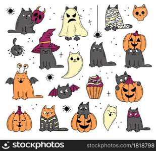 Set of elements with cats for Halloween. Mystical scary objects. Cats, pumpkins, ghosts, potion. Doodle style illustration
