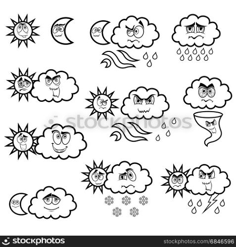 Set of eleven cartoon black weather symbols, vector illustration isolated on the white background