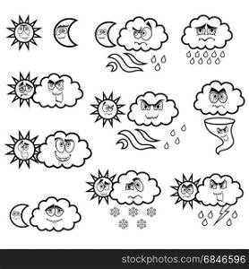Set of eleven cartoon black weather symbols, vector illustration isolated on the white background