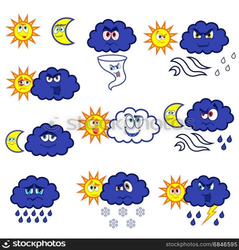 Set of eleven cartoon color weather symbols, vector illustration isolated on the white background