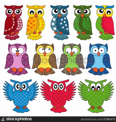 Set of eleven colourful vector owls isolated on white background. Set of eleven owls