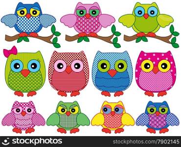 Set of eleven ornamental cartoon vector owls with various characters isolated on white background. Set of eleven ornamental cartoon owls