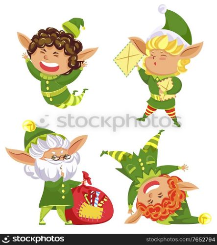 Set of elves, winter character wearing green costumes. Isolated dwarfs collection, kids with letters and bag filled with candies and traditional Christmas treats. Leprechaun jumping and smiling vector. Elves and Bag Filled with Candies, Set of Dwarfs