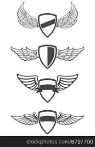 Set of emblem templates with wings. Design element for logo, label, emblem, sign, brand mark. Vector illustration.