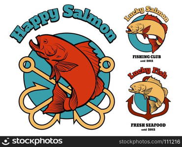 Set of emblem with jumping fish, labels and badges. Vector illustration.