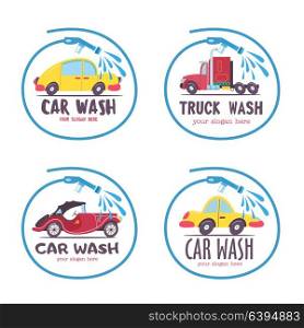 Set of emblems of a car wash. Vector illustration in cartoon style. The car in the circle formed by the hose with water.