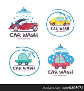 Set of emblems of a car wash. Vector illustration in cartoon style. The car in foam and water droplets, the water hose.