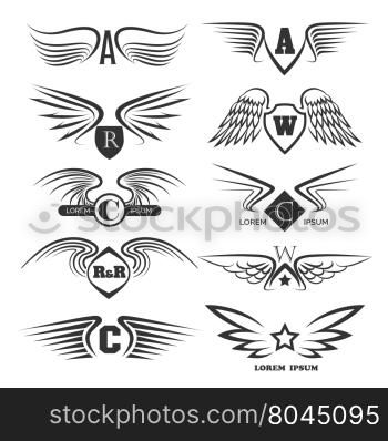 Set of emblems or logo with wings. Monochrome icons isolated on white.