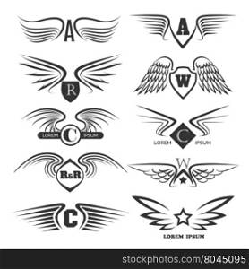Set of emblems or logo with wings. Monochrome icons isolated on white.